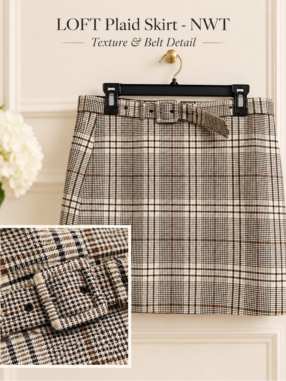 LOFT Plaid Mini Skirt in Beige and Brown with Belt -  NWT